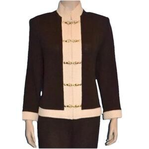 St. John Collection Knit Brown Jacket contrasting trim along the collar Size 8